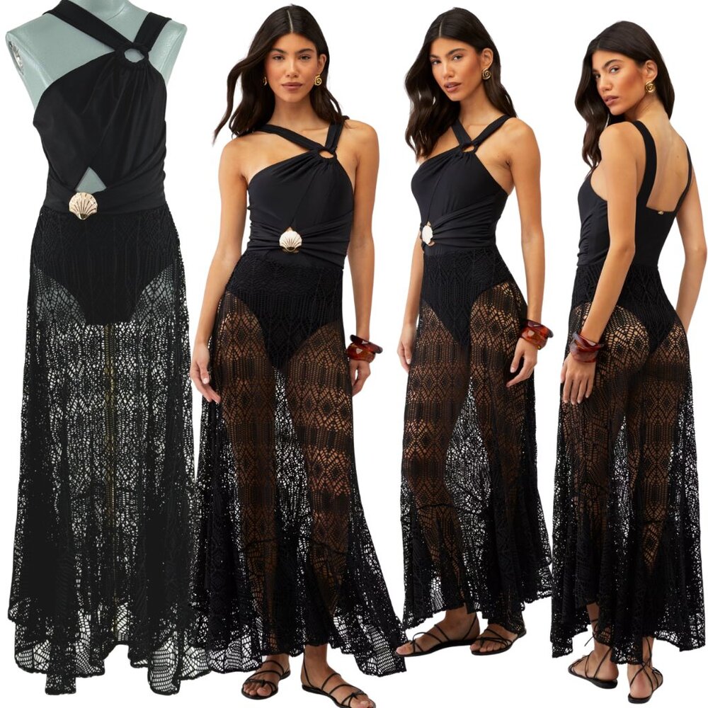 🆕 PATBO 🧿 NWOT Asymmetric Netted Beach Maxi Dress, Black - Sz L